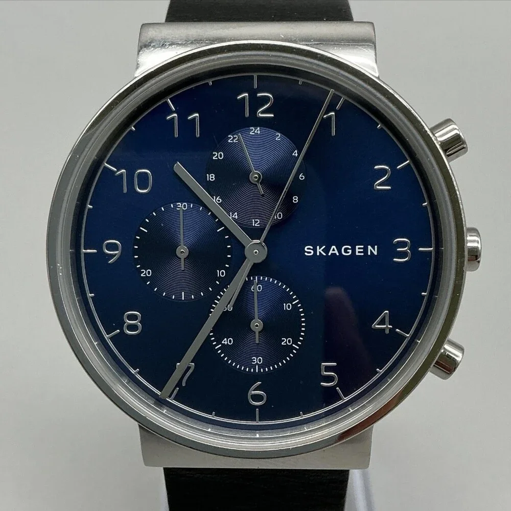Skagen Ancher SKW6477 Mens Watch 40mm Blue Dial Black Leather Chrono New Battery